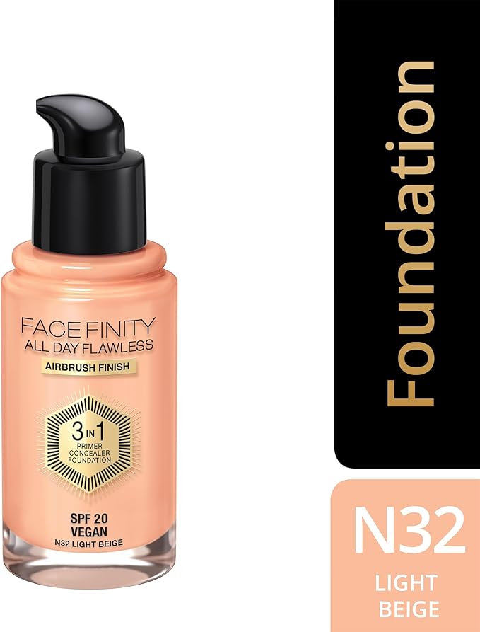 Max Factor Facefinity 3-in-1 All Day Flawless Liquid Foundation, SPF 20-32 Light Beige, 30 ml