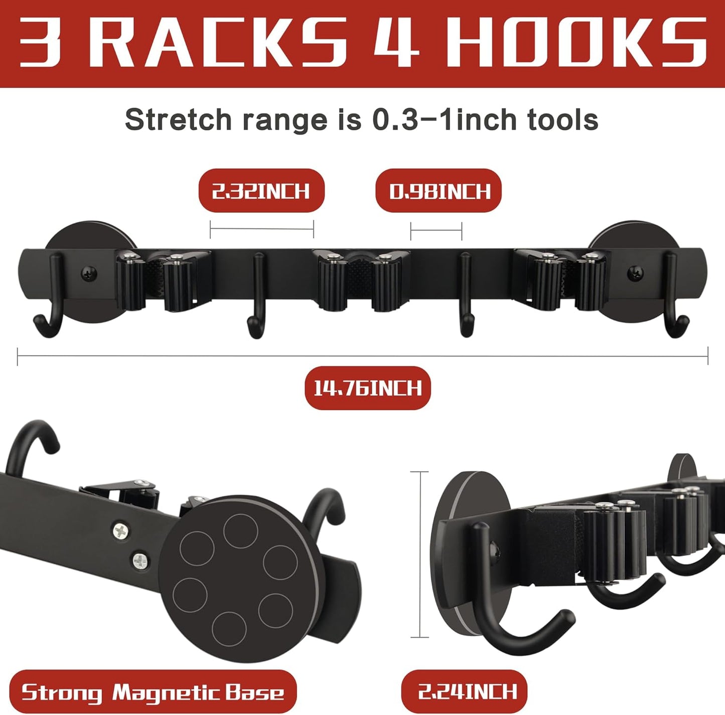 ULIBERMAGNET Magnetic Mop Broom Holder,Heavy Duty Movable Magnetic Broom Holder Rack,Anti-slip Wall Mounted Utility Storage Mop Shovel Hanger for Garage, Kitchen, Laundry, Garden(3 Racks / 4 Hooks)