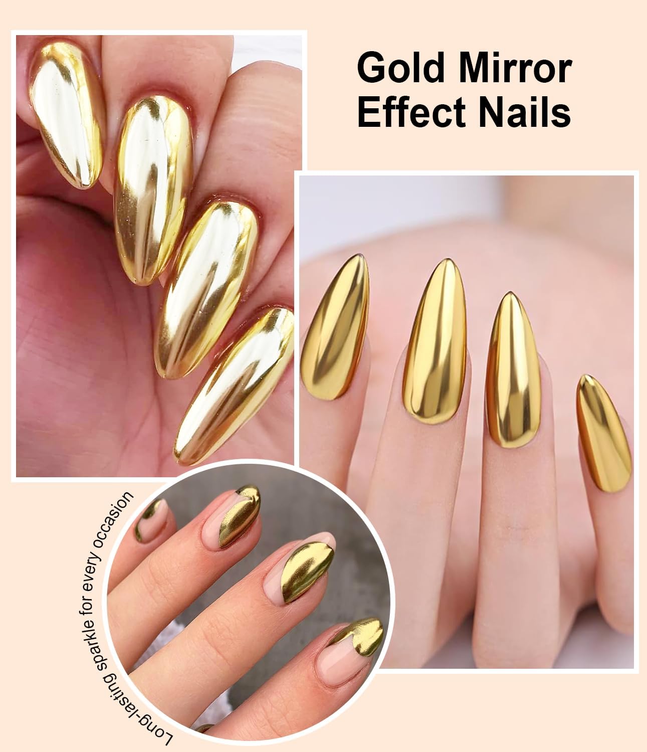 Gold Chrome Nail Powder - Metallic Mirror Effect Nail Chrome Powders Silver Chrome Powders for Nails Glitter, Pigment Holo Chrome Gold Nail Powder with 4 Eyeshadow Sticks