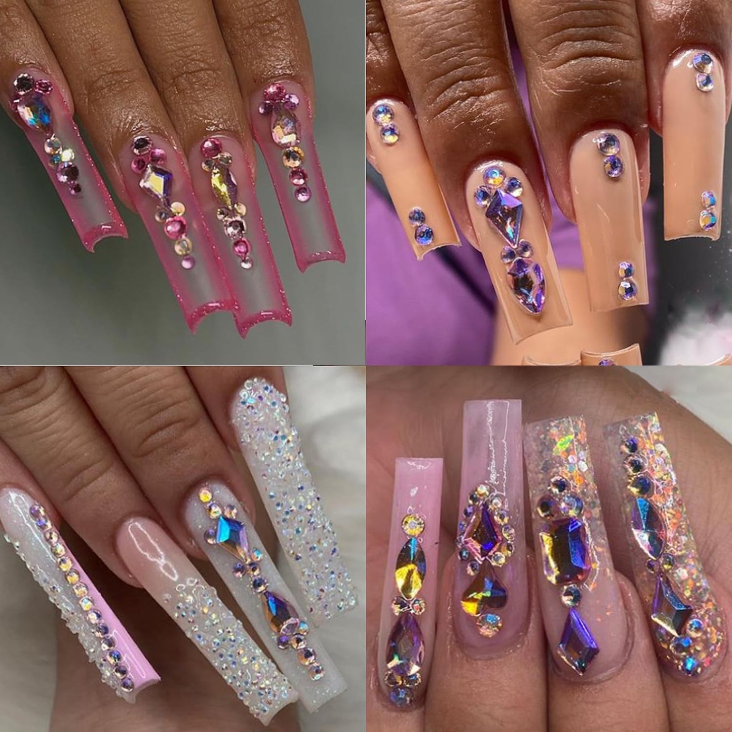 HNUIX Nail Rhinestones - 1600pcs 3D Multi Shape Size Crystal, Pink AB Nail Gems, Flat Back, with Kit, for Nail Art, DIY Decorations