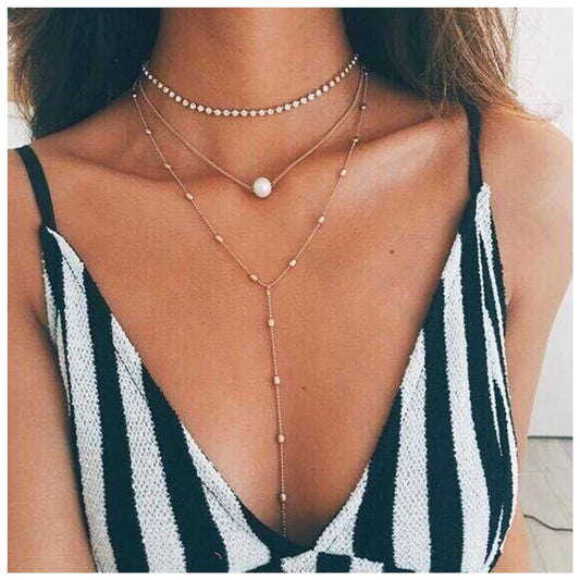 Bohemia Layered Y Lariat Choker Necklace Long Rhinestone Tennis Chain Necklace Floating Pearl Choker Necklace Gold Y Drop Necklace Chain Jewelry for Women and Girls