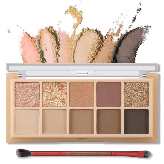 Erinde 10 Colors Eyeshadow Palette Makeup - Matte Shimmer Glitter Brown Eye Shadow, Ultra-Blendable, High Pigmented, Naturing-Looking, Neutral Nude Eyeshadow Palette with Professional Brush, Sunset