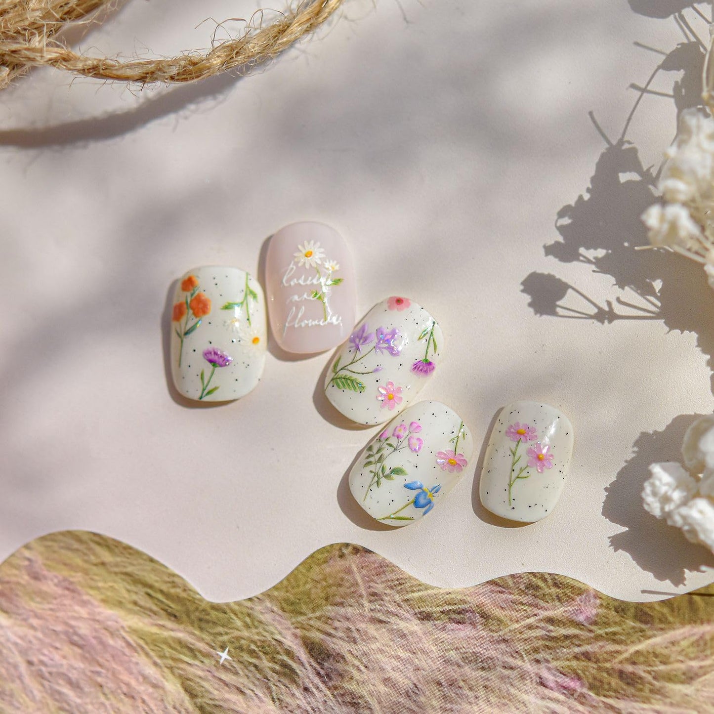 Flowers Nail Art Stickers for Acrylic Nails Colorful Flower Nail Decals 5D Embossed Self Adhesive Daisy Nail Sticker with Butterfly Designs Nail Stickers Spring Cute Floral Nail Decal for Women