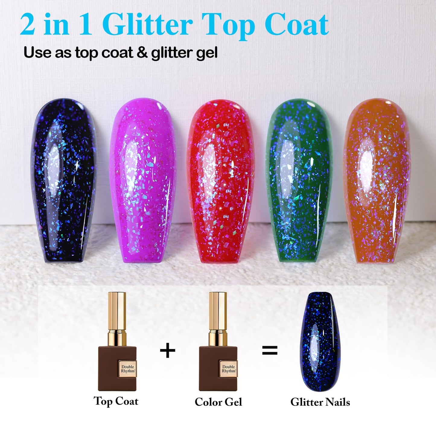 Double Rhythm 15ML No Wipe Gel Top Coat Base Coat Iridescent Glitter Shimmer 2 in 1 Nail Polish Soak Off Manicure DIY Home Salon (AURORA TOP COAT 5)