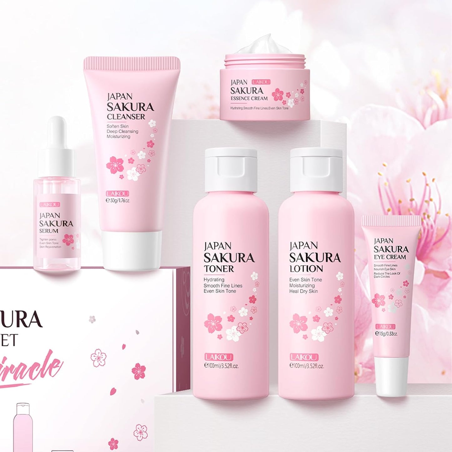 Skin Care Set JAPAN SAKURA Women Beauty Gift Sets Skin Care Kit with Cleanser, Toner, Lotion, Serum, Eye Cream, Face Cream Travel Kit for Women Teen Girls Mom Daughter TSA-friendly Sizes 6pcs