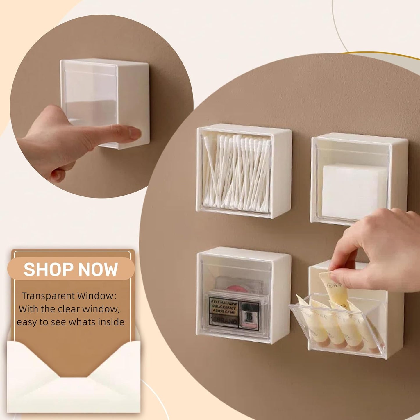 Qtip Holder Wall Mount for Cotton Swabs, Balls, Pads, Hair Ties,Floss Picks- Small Plastic Bathroom Wall Organizers and Storage Set,Bedside Shelf,Home Decor,Dorm Room Essentials (4)