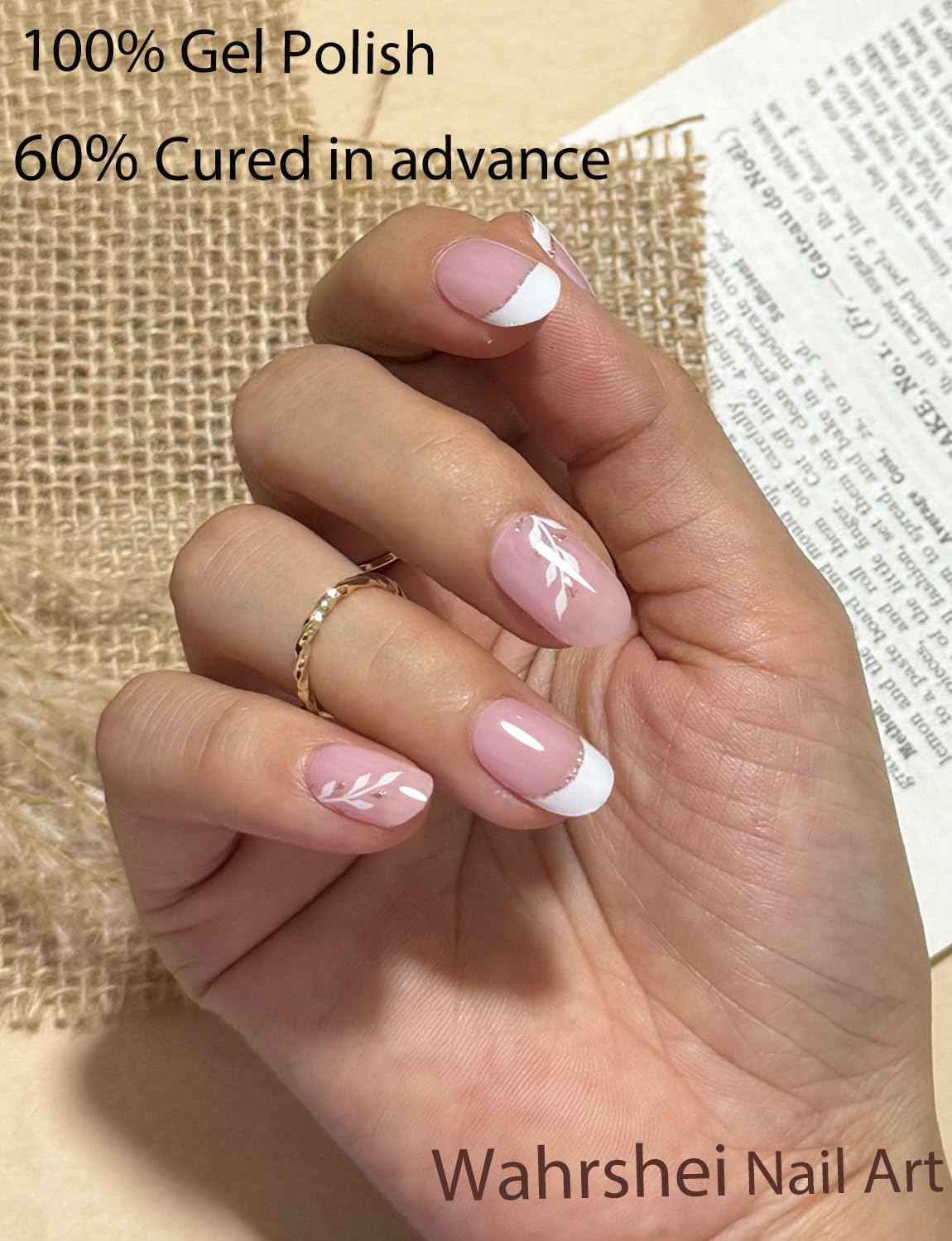 Semi Cured Gel Nail Strips, 20pcs French Leaf, Glitter, Gel Nail Stickers UV for Home Nails DIY