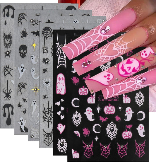 6Sheets Halloween Nail Stickers for Nail Art,3D Self-Adhesive Cute Ghost Spider Web Nail Decals with Rhinestones Design,Pink Pumpkin Spiders Skull Nail Art Stickers for Women Girls DIY Nail Decoration