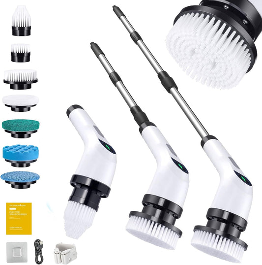 Electric Spin Scrubber for Cleaning - Shower Scrubber with Long Handle and 7 Replaceable Heads - 2 Speed Cordless Shower Brush for Cleaning with Long Battery Life, White