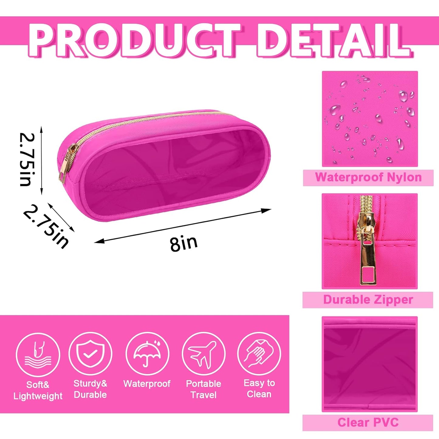Clear Small Pencil Pouch Makeup Bag for Purse,Nylon&PVC Pencil Case Waterproof Makeup Brush Holder with Zipper,Preppy Transparent Pen Bag Travel Cosmetic Bag for Women Office(Slim-Hot Pink)