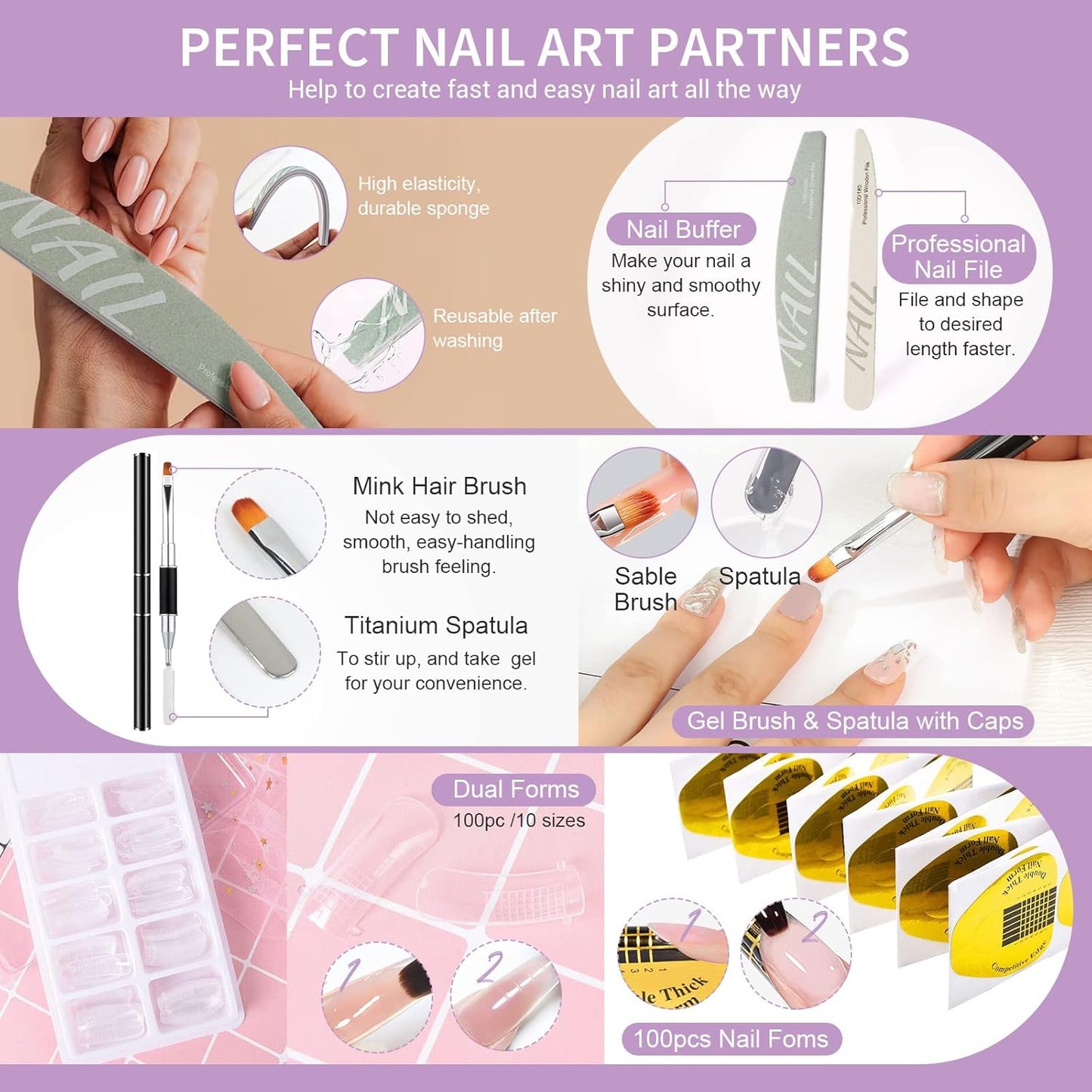X&D Poly Gel Nail Kit - Natural Clear 5 Colors, Dual Forms, Gel Brush with Spatula, Professional Nail File and Buffer Set