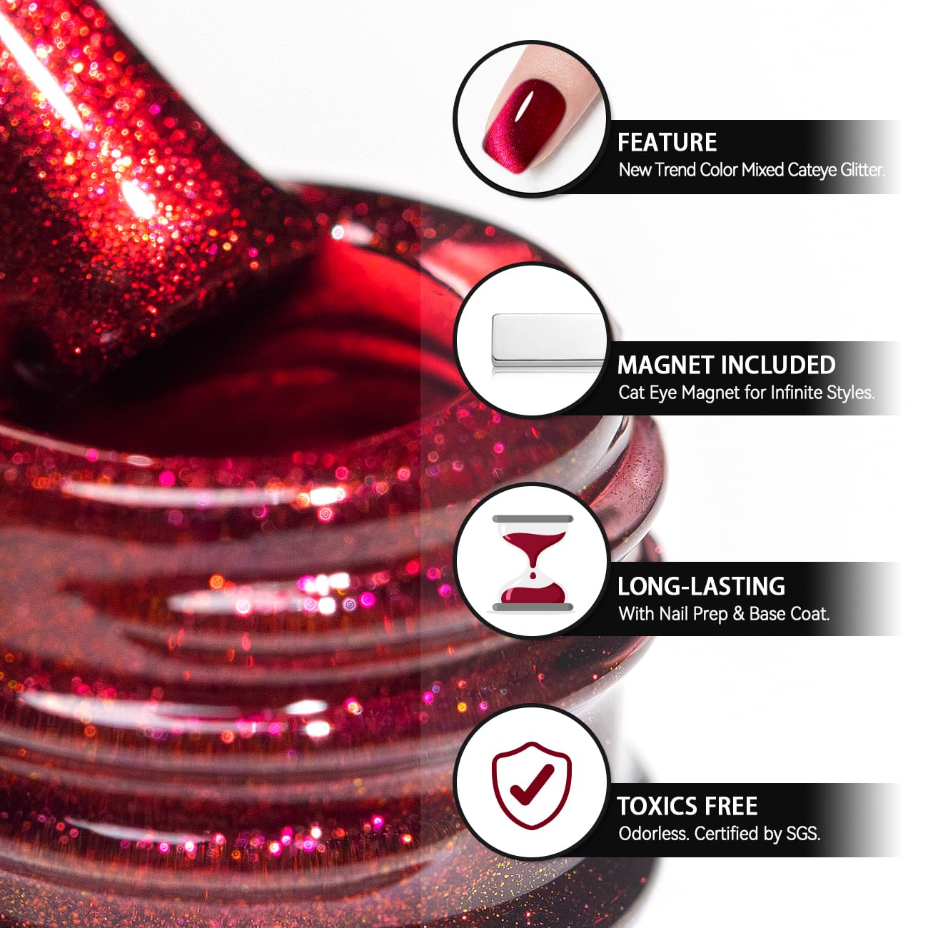 RARJSM Red Cat Eye Gel Nail Polish Diamond Dark Red Velvet Cateye Gel Polish 15ml Single Bottle with Magnet Stick Reflective Shimmer UV LED Curing Requires Soak Off for Home Salon Christmas Manicure