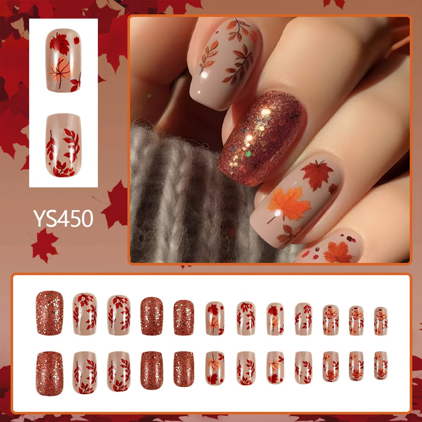 Glitter Fall Press on Nails Thanksgiving Maple Leaf Fake Nails Medium Square Vintage Glue on Nail Glossy Autumn Maple Leaf Stick on Nail for Women DIY Manicure