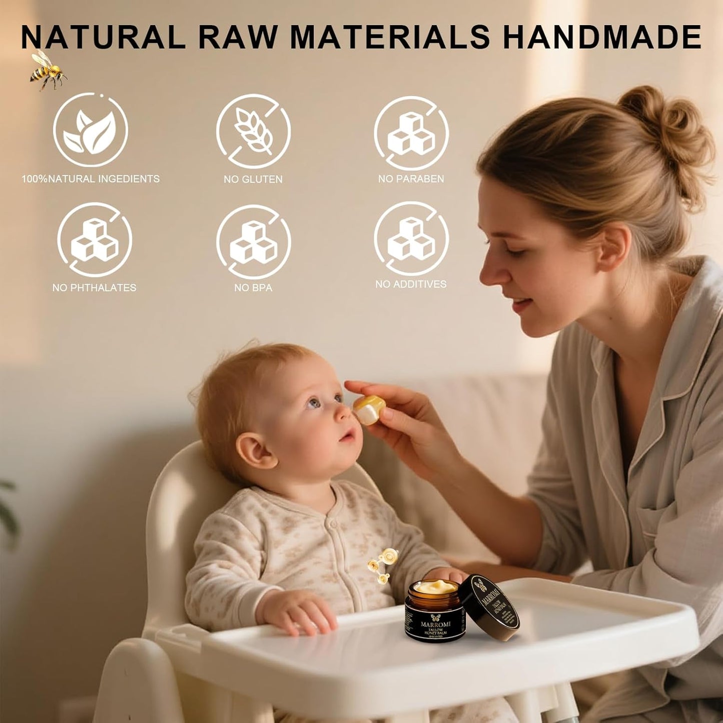 Marromi Beef Tallow for Skin, Tallow Honey Balm, Organic Grass-Fed Beef Tallow Balm with Raw Honey, Natural Soothing Moisturizing (Unscented)