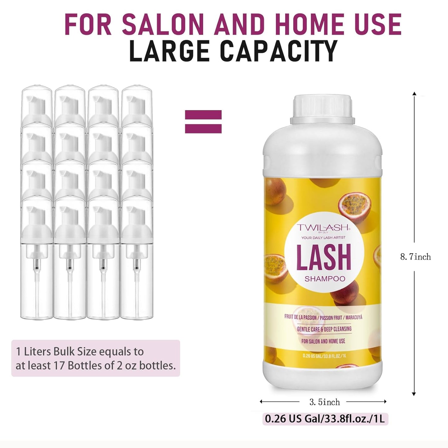Lash Shampoo Bulk, Eyelash Cleanser for Extensions 2 Liters, Dispenser Pump, Non-irritating or Burning Eyelid Foaming Cleanser for Professional Salon and Home Use (Passion Fruit-1L)