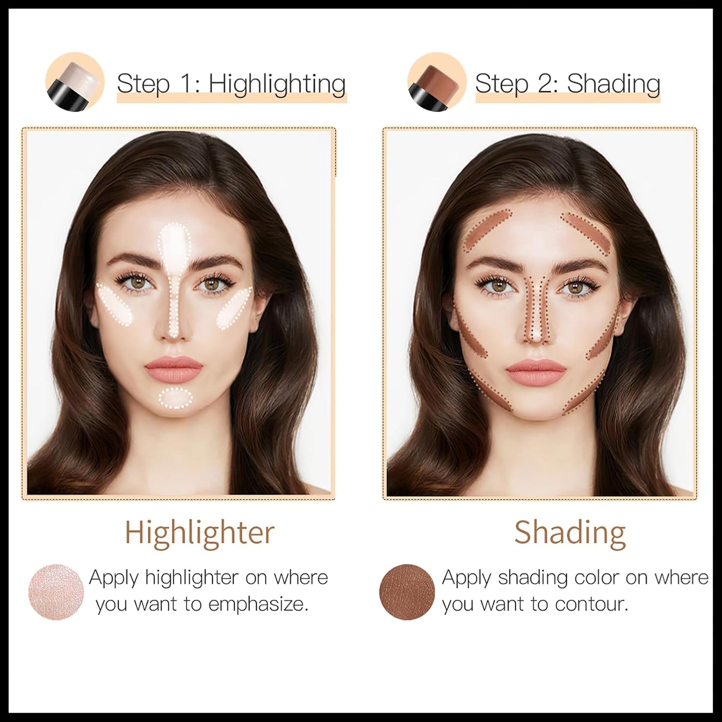 MIELIKKI 2Pcs Cream Contour Stick Makeup, Highlighter Stick and Bronzer Stick for Face Sculpting, Easy to Apply & Blend, Long Lasting, Waterproof, Matte Finish,0510