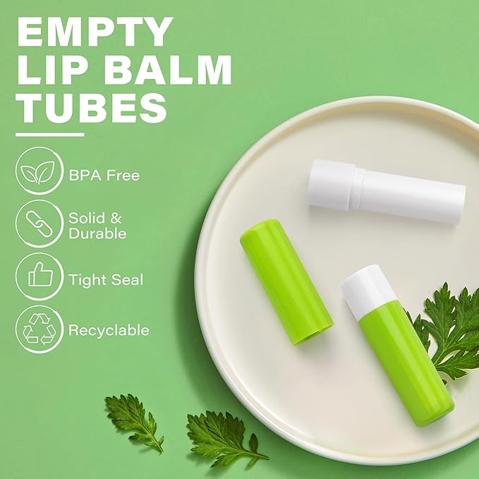 LotFancy Lip Balm Tubes Empty, 28Pcs 4.5ml Lip Balm Container Tubes with Green Caps, BPA Free & Leak Free, Refillable