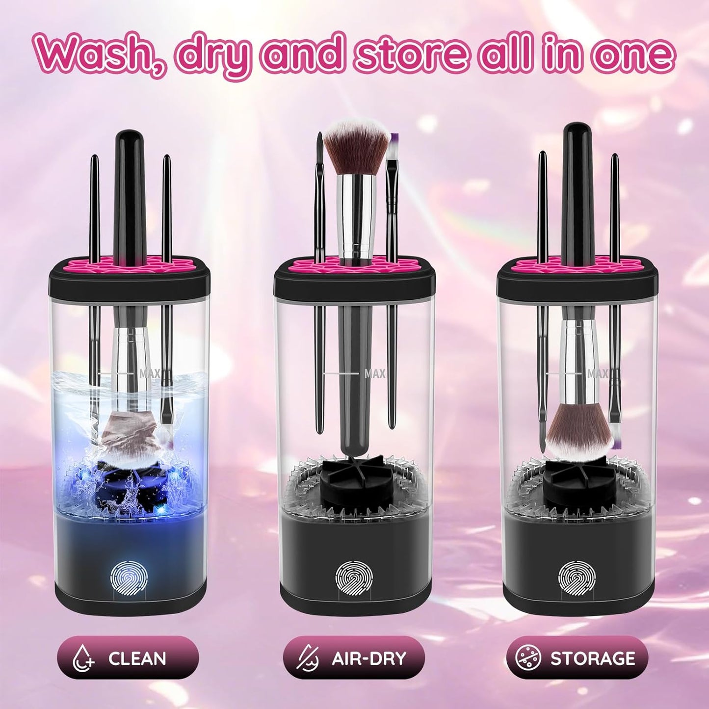 Electric Makeup Brush Cleaner Machine, Ultimate Efficient Automatic Cleaner for All Types of Makeup Brushes - Black Pink