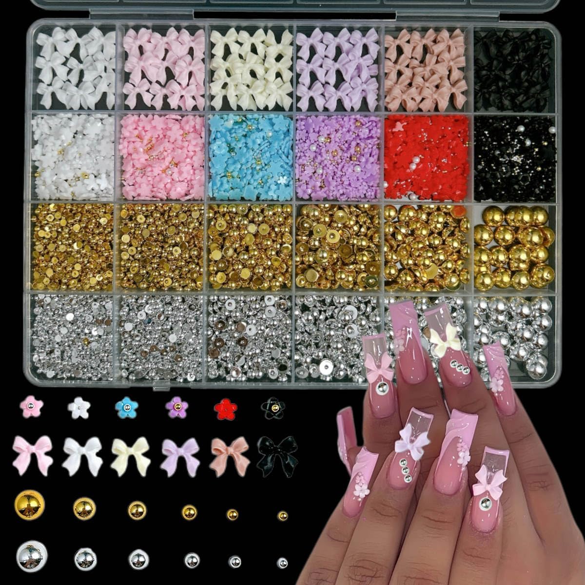 3D Bow Nail Charms Kit, Colorful Resin Flower Bowknot Nail Art, Mix Gold Silver Flatback Beads Charms for Manicure DIY Crafts Jewelry Accessories