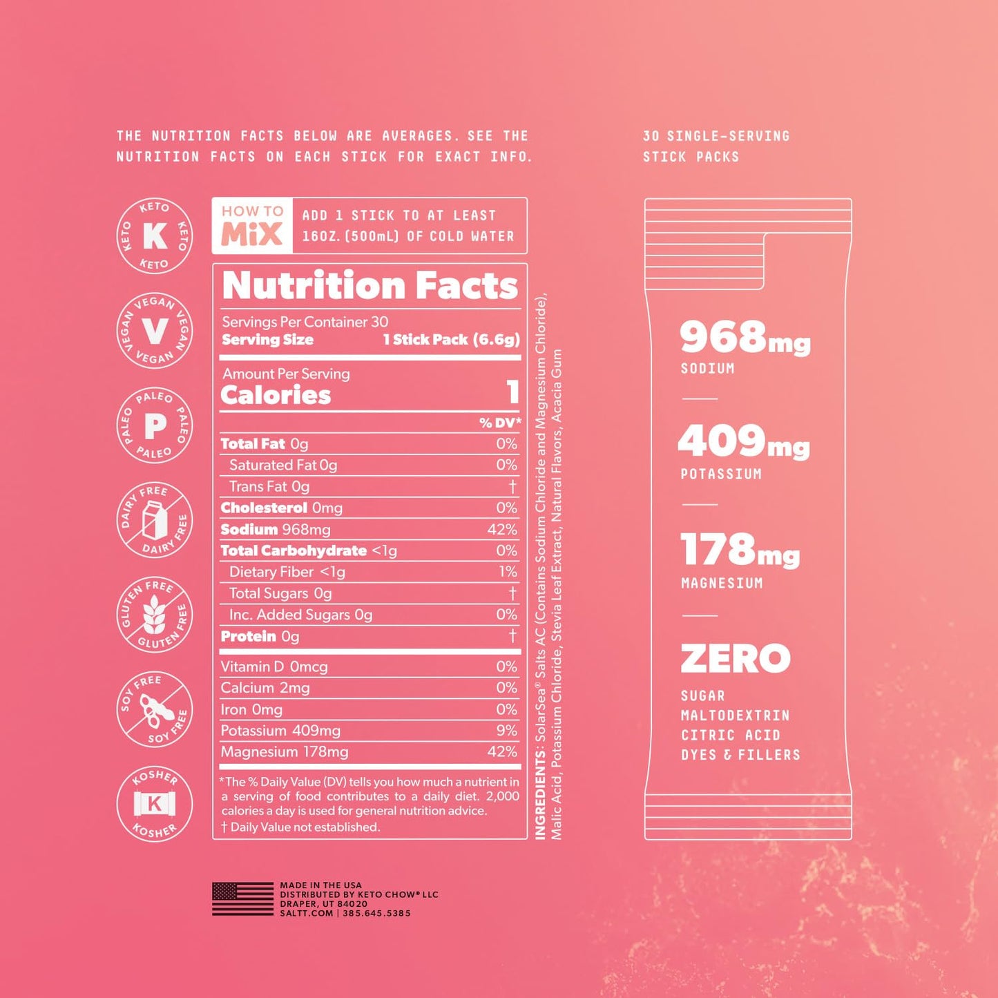 Keto Chow SALTT Electrolytes Powder Packets, Fruit Variety Pack (30 Packets) - Magnesium, Potassium, Sodium, Trace Minerals - Vegan, Sugar Free, Gluten Free - Travel Essentials - Made in USA