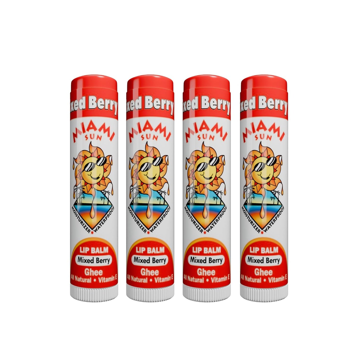 Miami Sun Natural Ghee Lip Balm, Hydrating Lip Treatment with Shea Butter & Beeswax, Organic & Non-Toxic, Best for Dry, Chapped Lips - Moisturizing, Healing, Chemical-Free Care (4 Count, Mixed Berry)