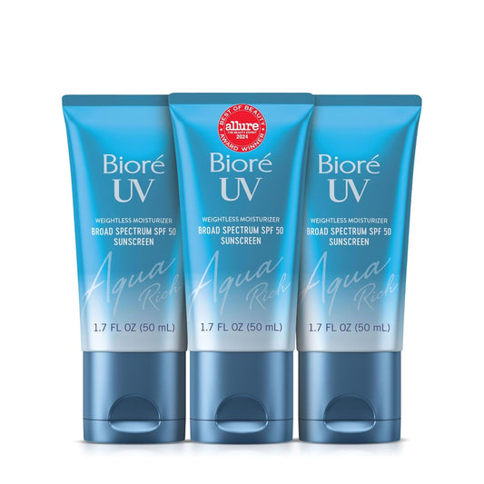 Biore UV Aqua Rich Daily Hydrating Facial Moisturizer with SPF 50 | Oil Free Sunscreen & Primer for Makeup with Hyaluronic Acid, No White Cast, Non-Comedogenic, For Sensitive Skin, 1.7 Oz, 3pck