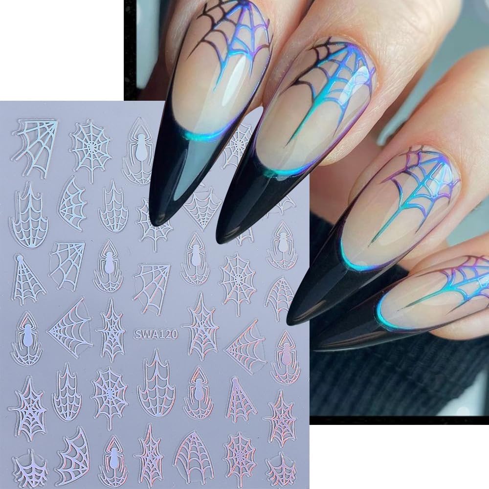 5 Sheets Halloween Spider Web Nail Stickers for Nail Art 3D Self-Adhesive Spider Web Nail Art Stickers White Black Silver Laser Gold Spider Nail Decals Holiday Nail Design Supplies for Women