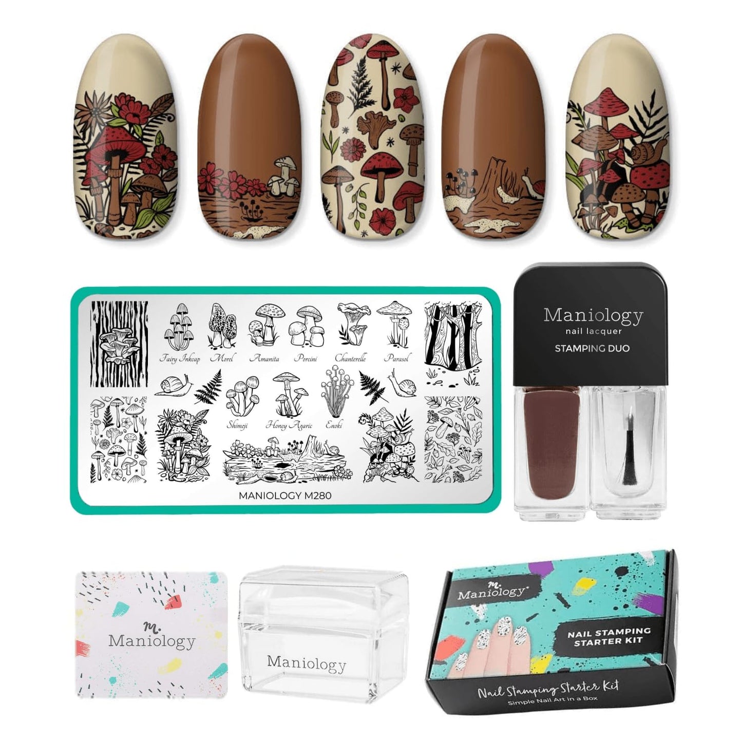 Maniology Magic Mushroom Nail Stamping Starter Kit | Plant-Inspired Nail Art with Whimsical Mushrooms Design for DIY Manicure – Includes Stamping Plate, Polish, Top Coat, Stamper & Scraper Card