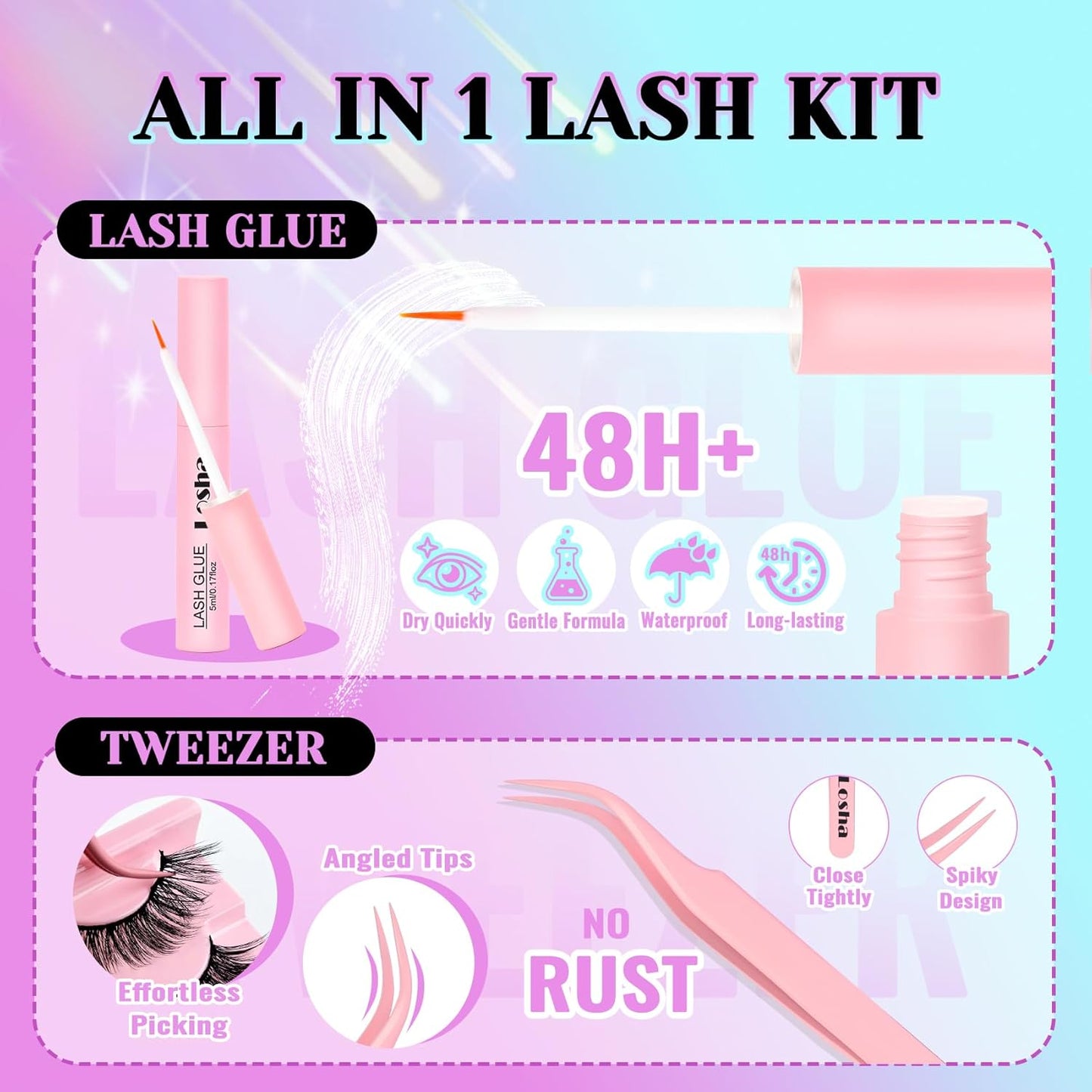 Losha Lashes Wispy False Eyelashes Natural Cat Eye Lashes Kit with Lash Glue and Lash Tweezers 14 Pairs Short Fake Eyelashes Soft Thin Faux Mink Lashes Pack (Lighter)