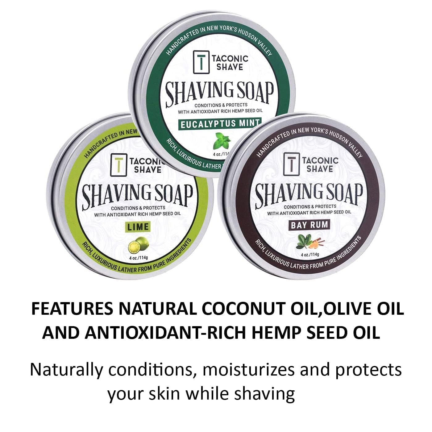 Taconic Shave Barbershop Quality Shaving Soap for Men & Women with Anti-Oxidant Rich Seed Oils – Moisturizing Shaving Soap for All Skin Types (Variety Pack - Lime, Eucaluptus Mint & Bay Rum)