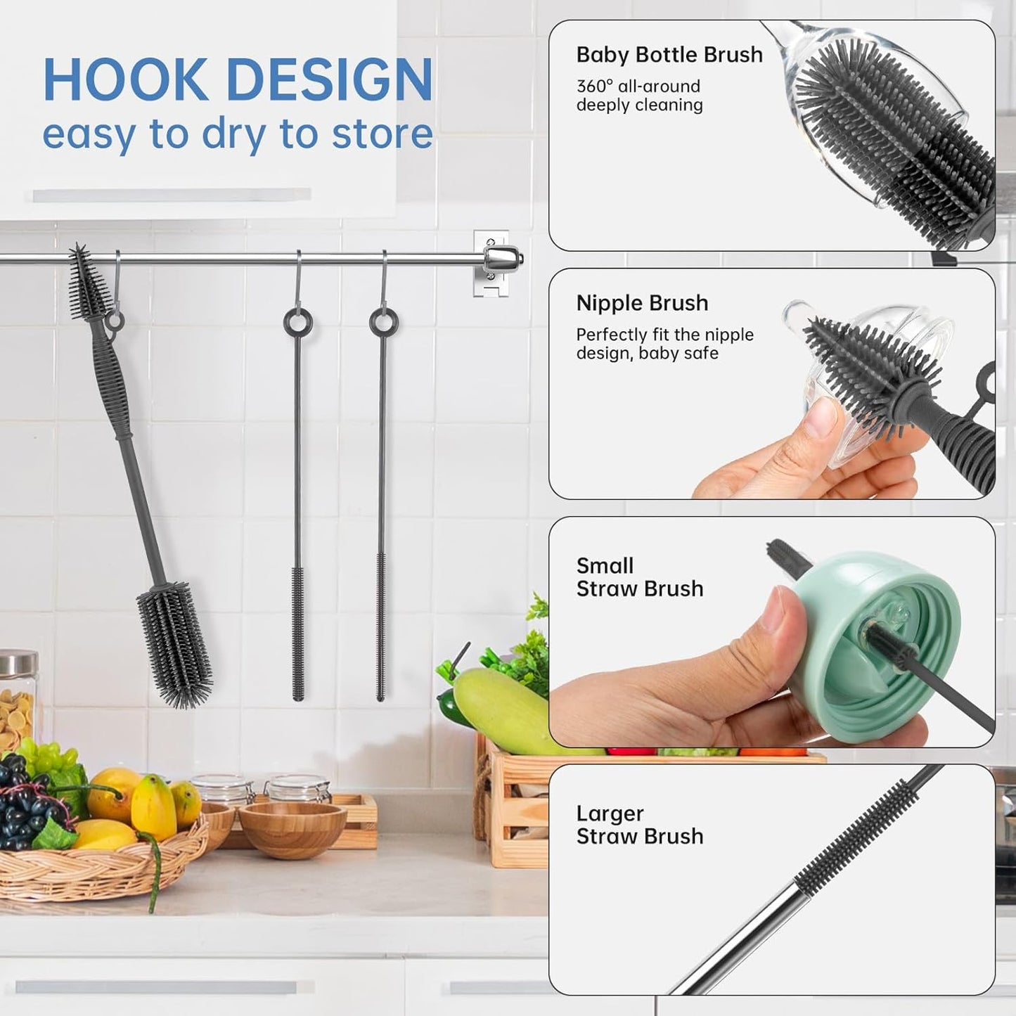 Baby Bottle Brush and Straw Cleaner Brush Set, Extra Long Double-Ended Soft Silicone Brush Cleaner for Baby Bottles, Water Bottles, Cups, Breast Pumps, Detachable & Hangable