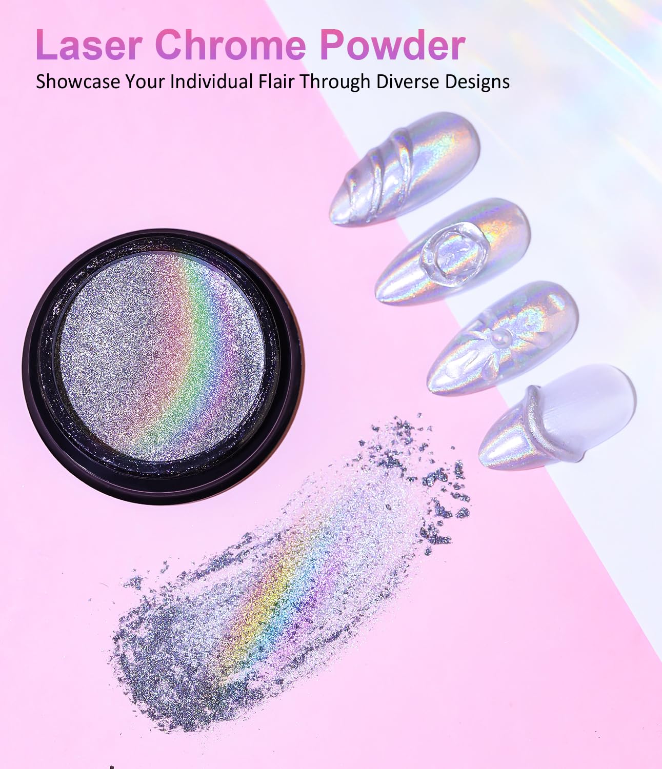 Magic Chrome Nail Powder: Iridescent Mirror Holographic Nail Powder,Metallic Pearl Effect Laser Chrome Nail Powde r for Salon Home Nai l Art DIY Design