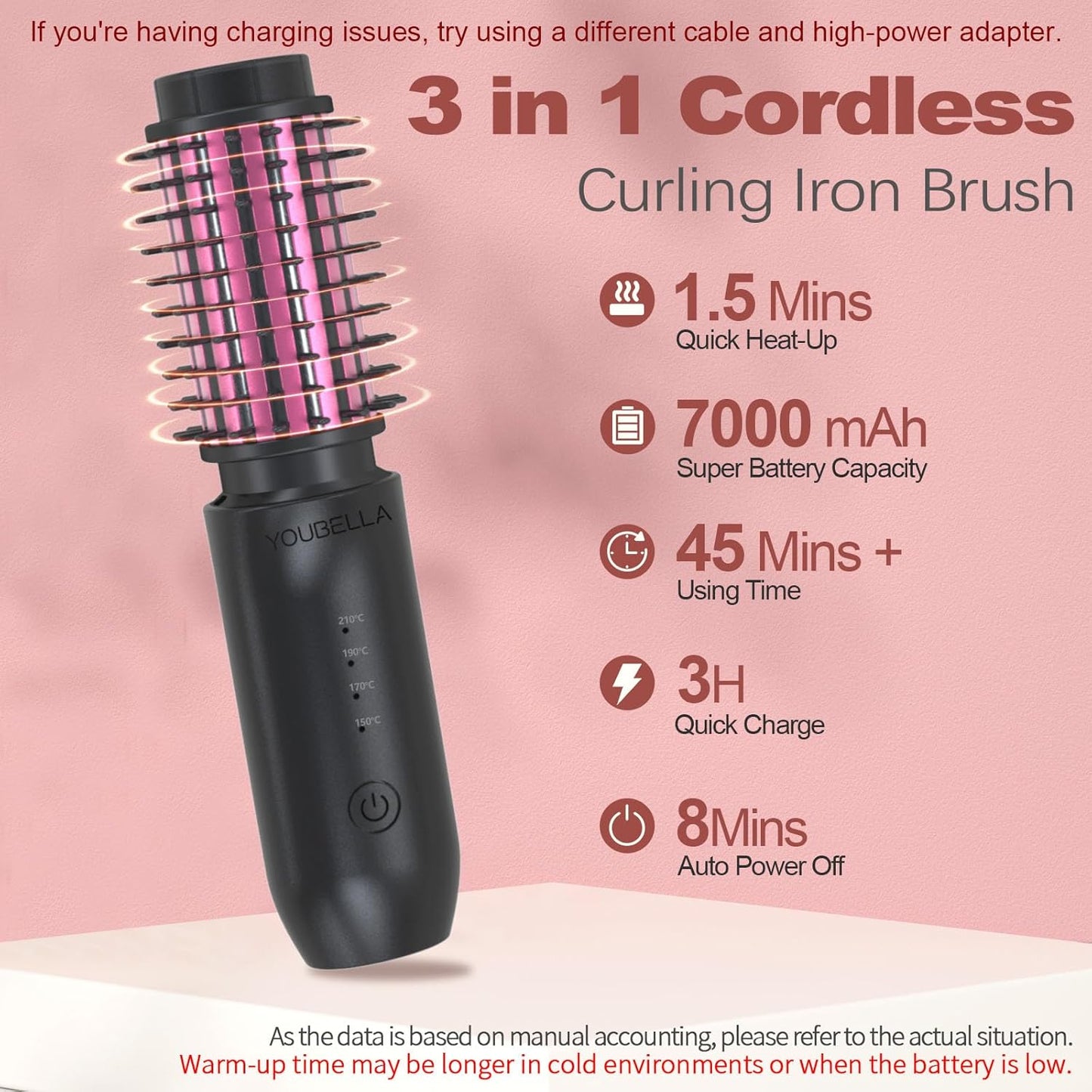 Cordless Hair Curling Iron Brush, Mini Travel Hot Straightener Comb, 3-in-1 Portable Wave Curling Wand, 1.5″ Ionic Heated Brush, USB Rechargeable Hair Curler, Black – No Automatic Rotation