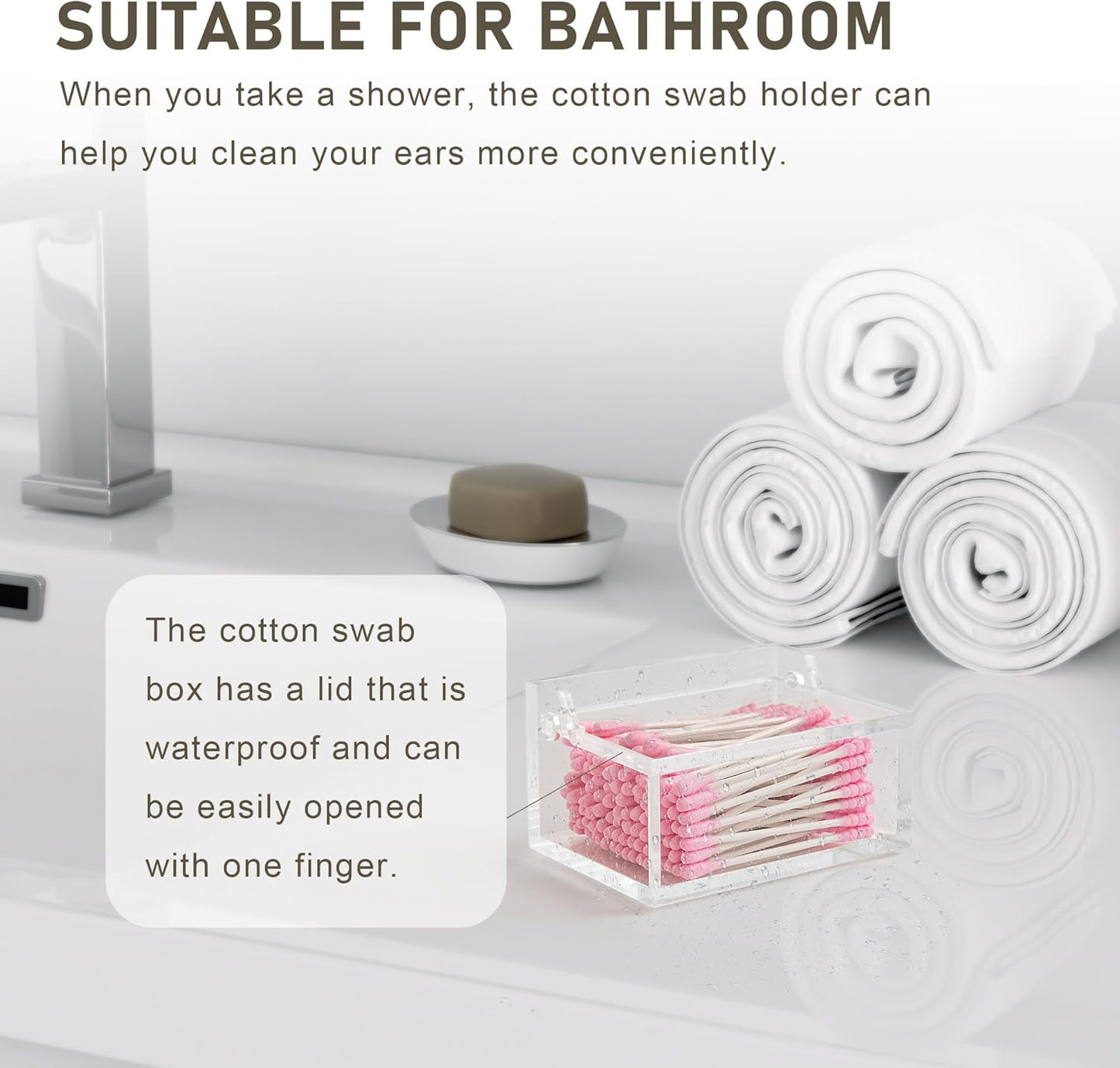 Clear Acrylic Qtip Holder with Lid, Cotton Balls Swab Organizer, 3.9" x 2.8" x 2" Dispenser for Makeup Pad, Floss Picks, Bath Salts, Cosmetic Storage Case, Home Bathroom Decor (DP051)