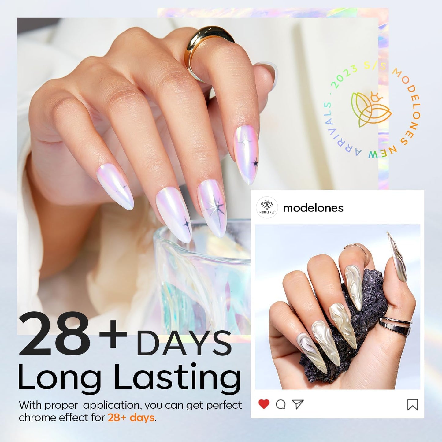 modelones Chrome Nail Powder 4 pcs, White Pearl Nail Chrome Powder, Iridescent Aurora Glitter Mermaid Silver Metallic Mirror Holographic Effect Pearlescent Pigment Dust Kit Resin Craft