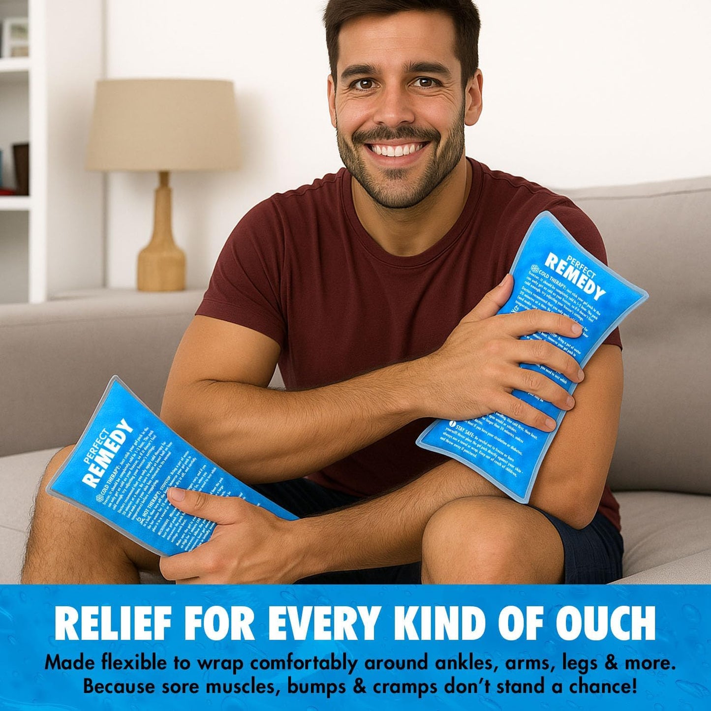 Perfect Remedy Rectangle Gel Ice Pack Bundle, Hot & Cold Ice Packs for Injuries Reusable for Body Tension & Muscle Pain Relief, Soft, Flexible & Adapts to Any Area (Blue, Large 2PK + Pink, Large 2PK)