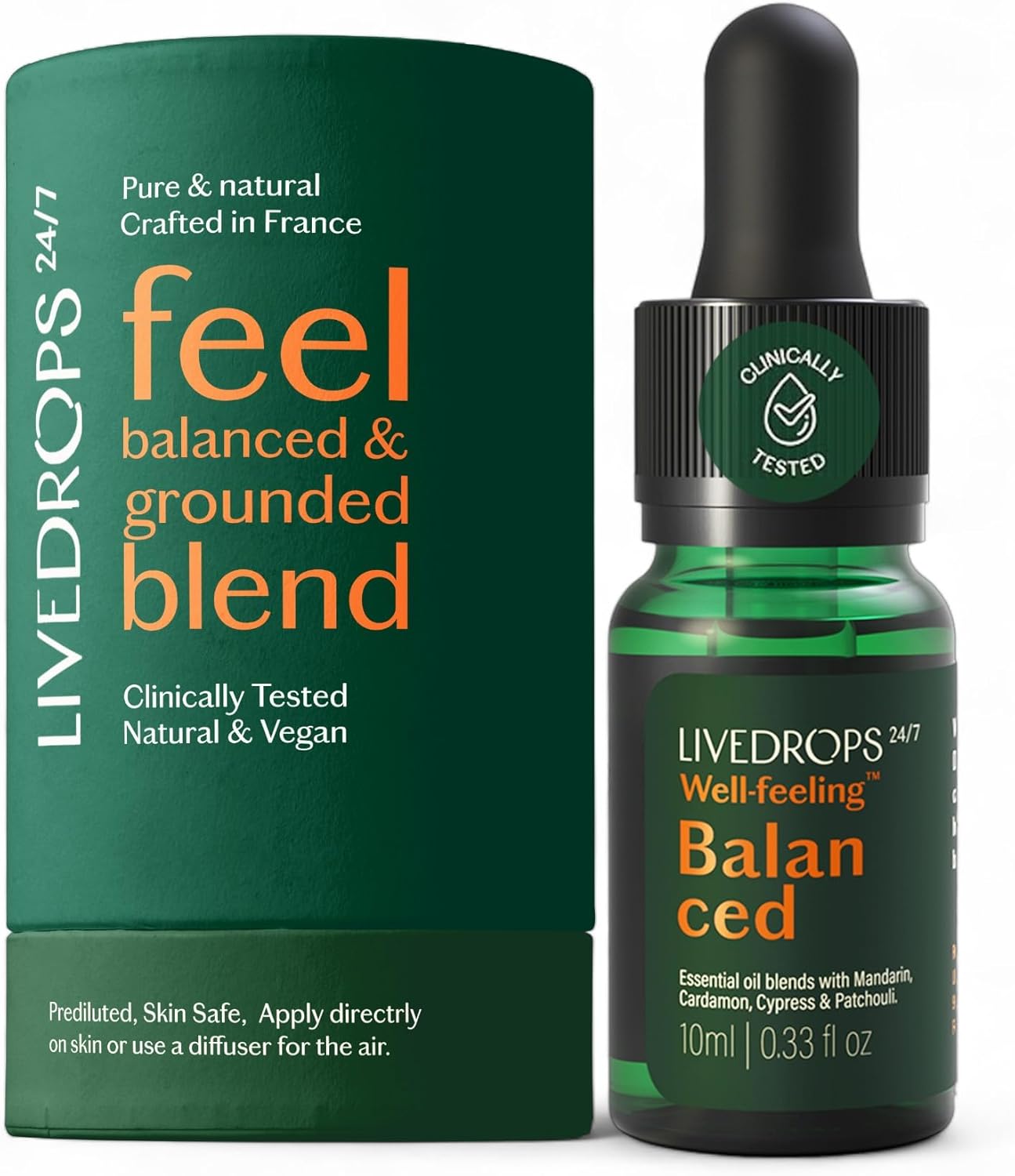 LIVEDROPS 24/7 Balanced Essential Oil Blend Mandarin Cardamom Cypress Patchouli | Aromatherapy for Calm, Harmony & Grounding | Skin-Safe Diffuser Oil | Vegan French Perfumers Clinically Tested 10ml