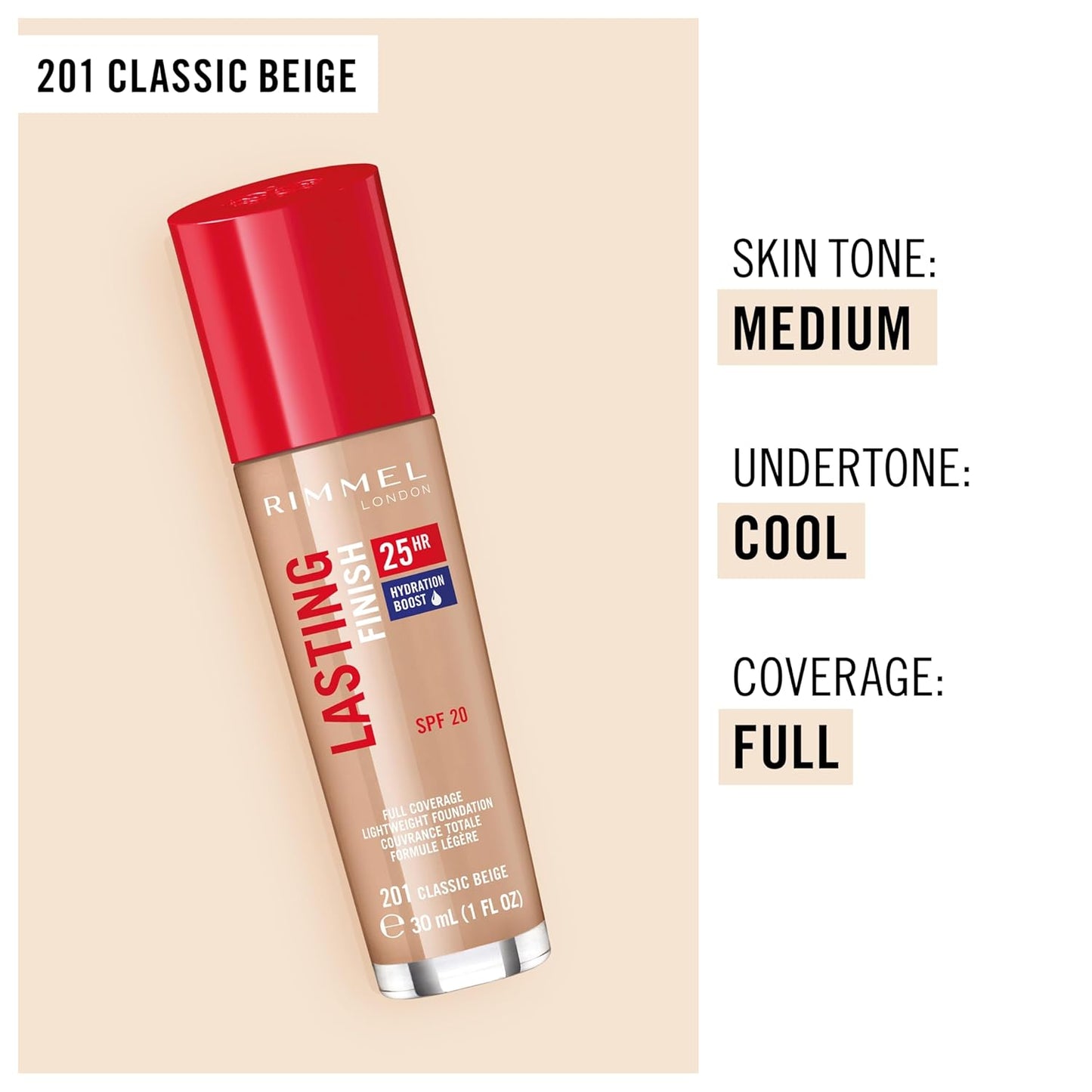 Rimmel London Lasting Finish 25HR - 201 Classic Beige - Foundation, 25-Hour Wear, Full Coverage, Waterproof, 1oz