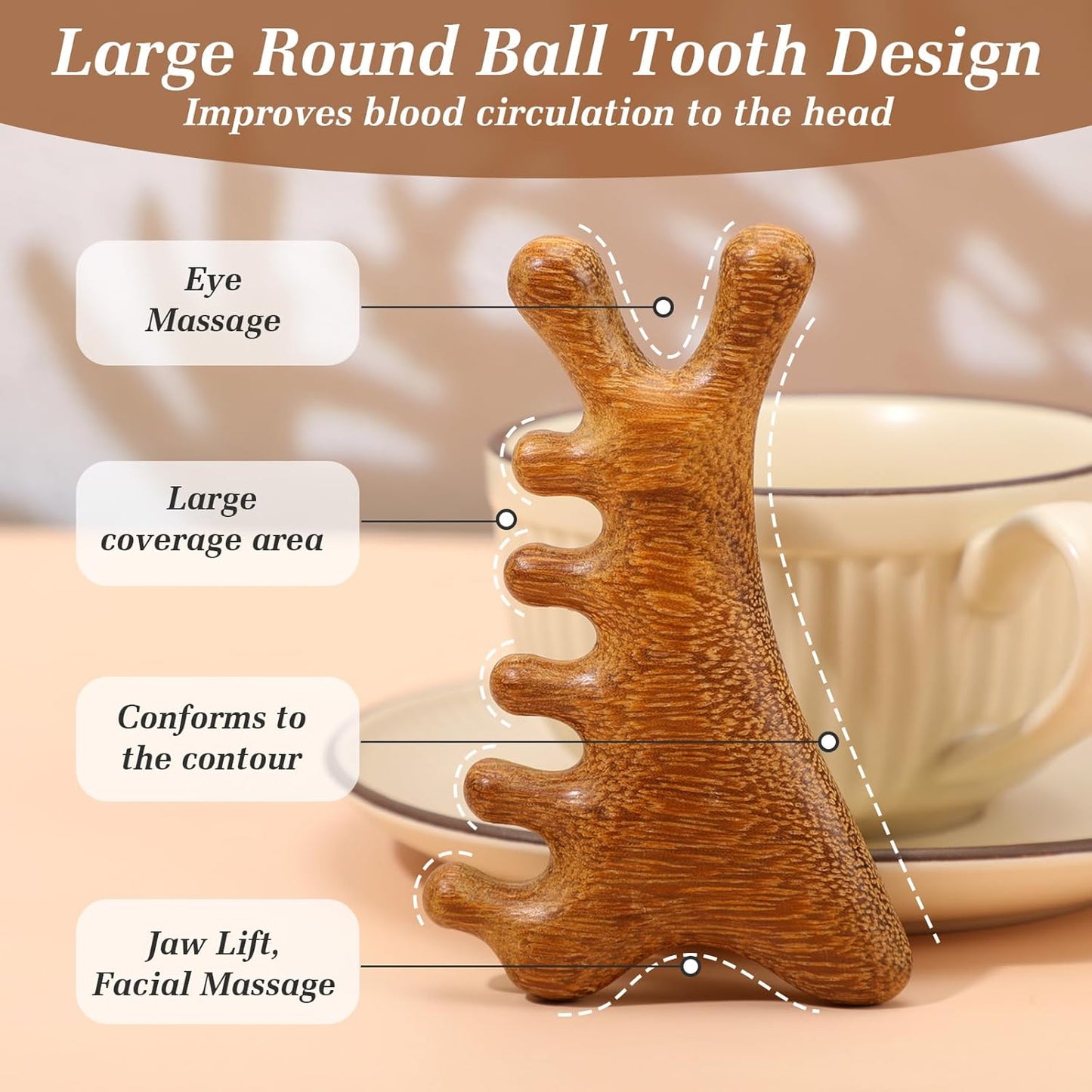 Sandalwood Scalp Massager Comb – Natural Wooden Gua Sha Tool for Head, Neck & Face Care, Relaxing Hair & Skin Massage