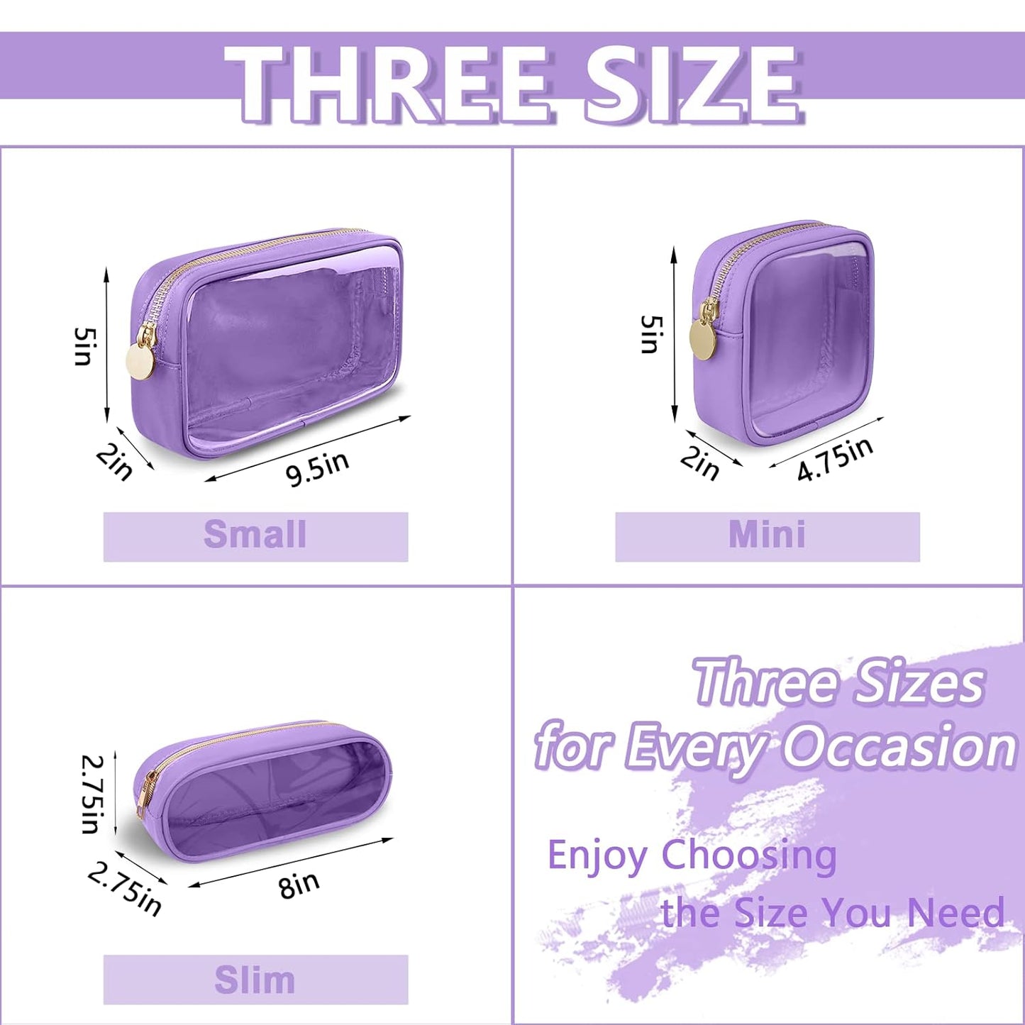 Clear Small Pencil Pouch Makeup Bag for Purse,Nylon&PVC Pencil Case Waterproof Makeup Brush Holder with Zipper,Preppy Transparent Pen Bag Travel Cosmetic Bag for Women Men Office(Slim-Purple)