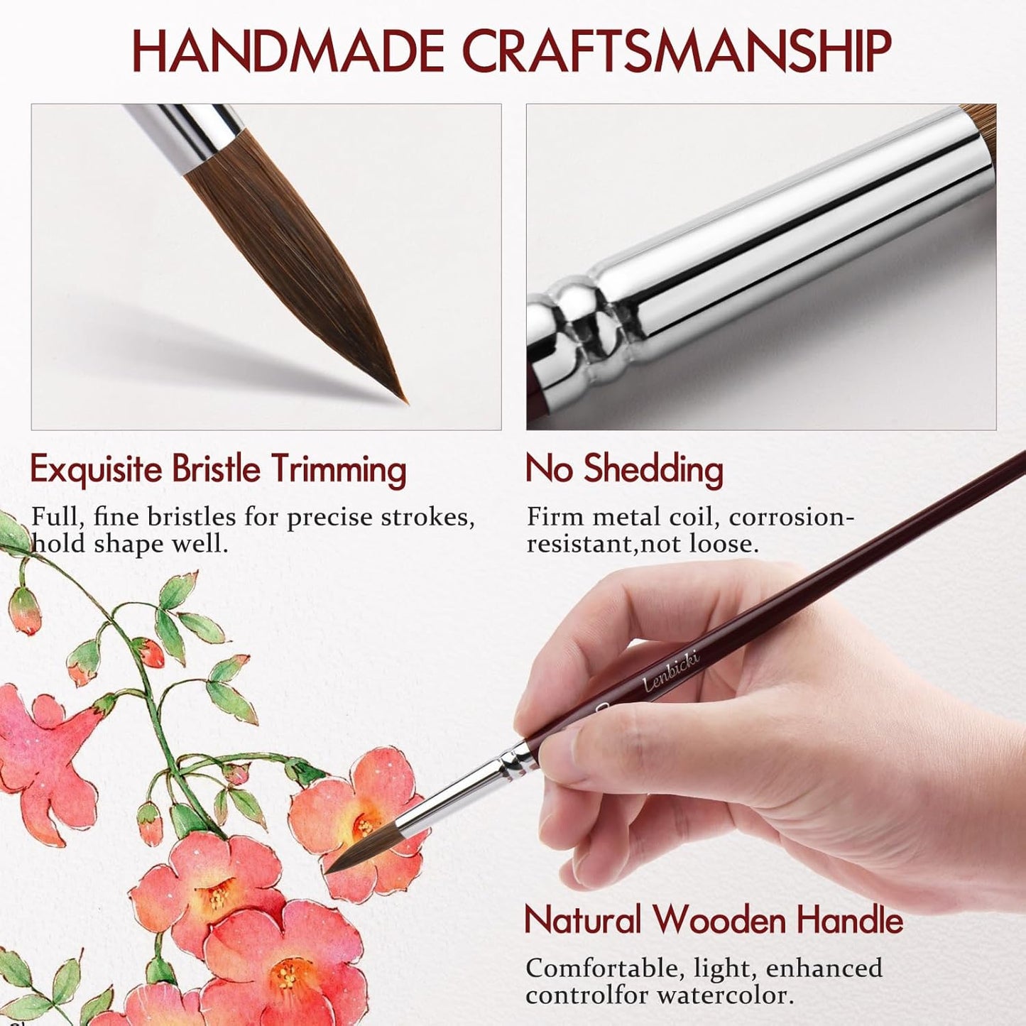 Kolinsky Sable Paint Brushes Professional Kolinsky Watercolor Paint Brushes Set for Artists 9pcs,Kolinsky Sable Hair Brushes for Watercolor, Acrylic, Includes Round Pointed, Flat, Cat's Tongue