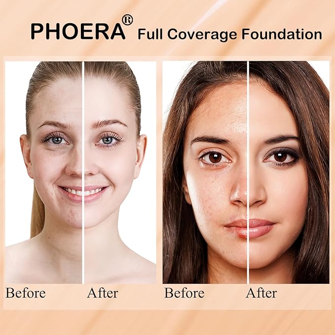 Phoera Foundation,Full Coverage Foundation,Hilareco Concealer Foundation Flawless 30ml Natural Matte Oil Control Concealer Facial Blemish for Women Girls (2 PCS 107 Hone)