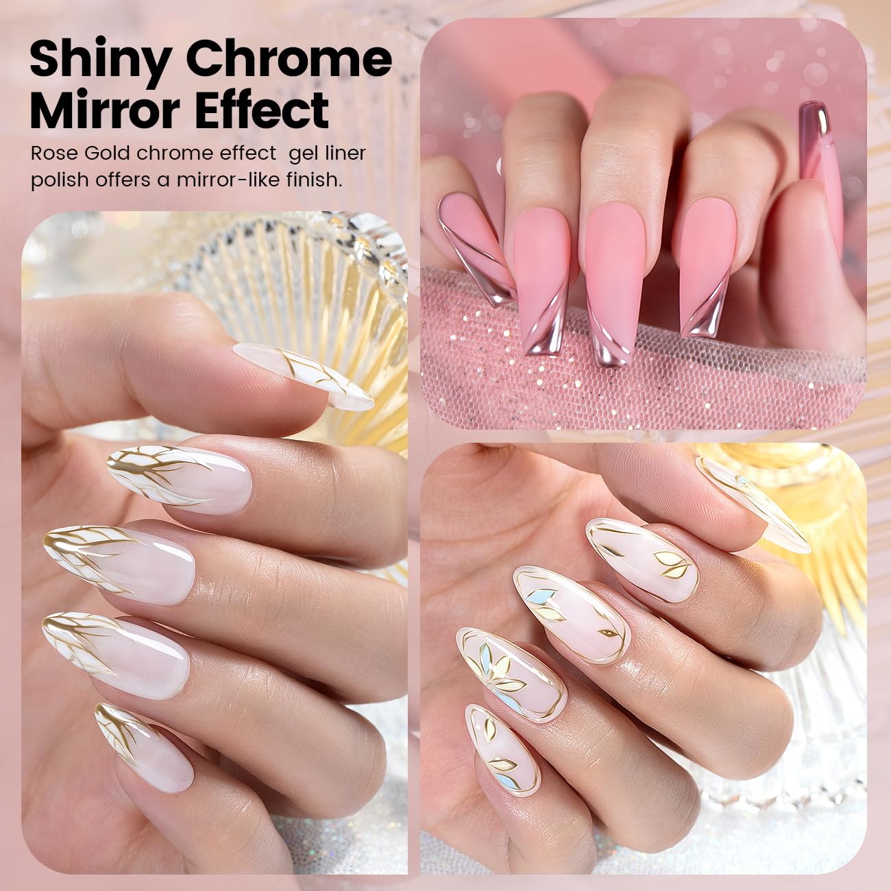 RARJSM Metallic Chrome Gel Liner Nail Art 3D Mirror Bronze Gold Rose Gold Effect Gel Nail Polish 8ml Painting Build in Thin Brush Metal Painted Drawing Striper GelPolish Curing Requires Home Salon