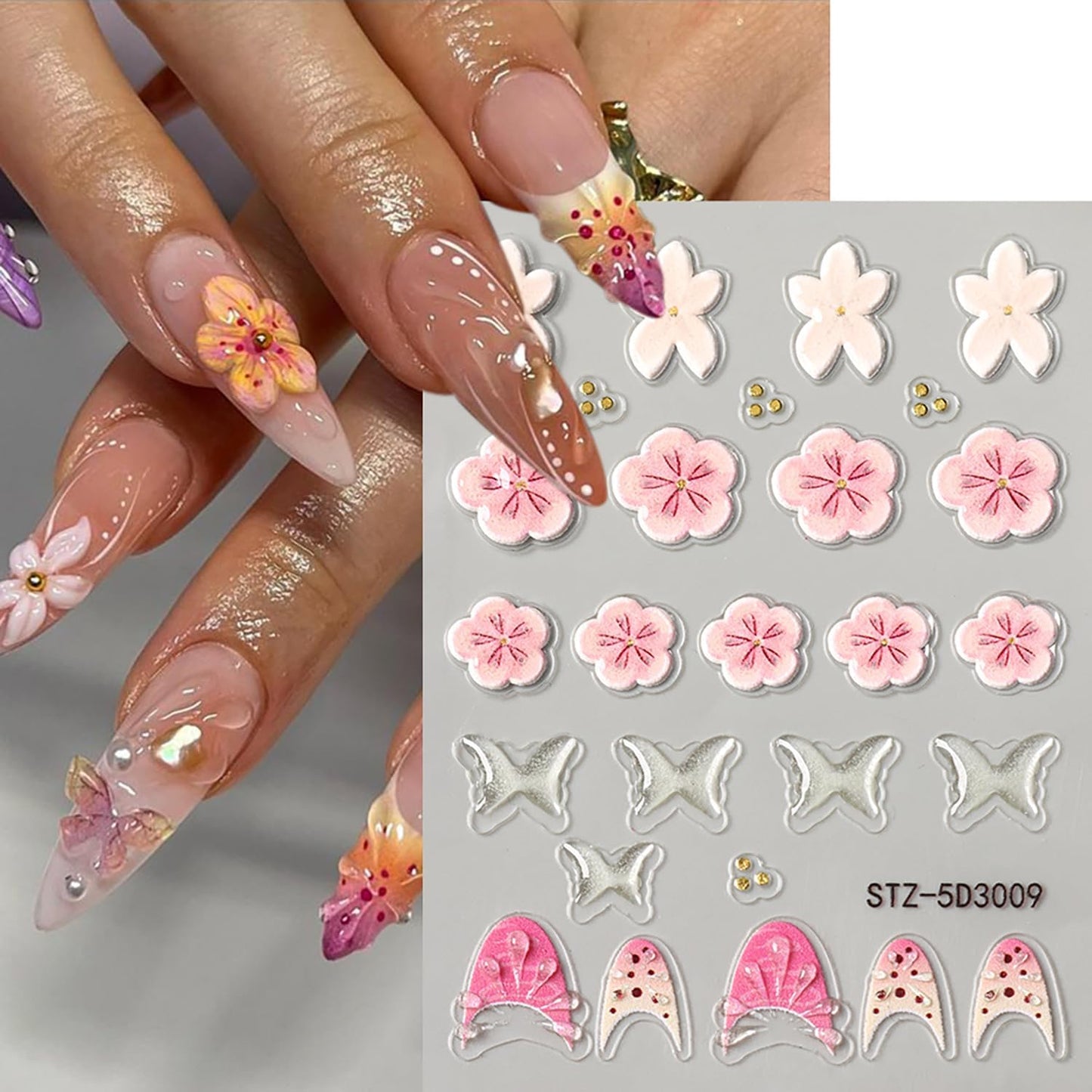 6 Sheets Flower Nail Art Stickers 5D Self-Adhesive Nails Sticker Floral Butterfly Nail Art Decals Holographic Decal Decoration for Women Golden Bow Manicure Stickers DIY Nail Sticker Supplies