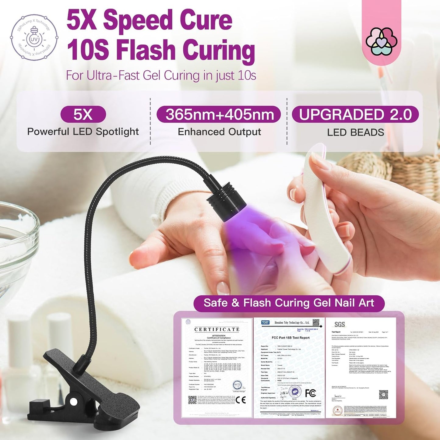 SAVILAND Gooseneck U V Lamp for Gel Nails: 360°Adjustable U V Light for Gel Nails 10S Fast Curing Nail Lamp Hands Free 5W LED Flash Cure Gel Light Gel Nail Portable Salon DIY Nail Tech Manicure