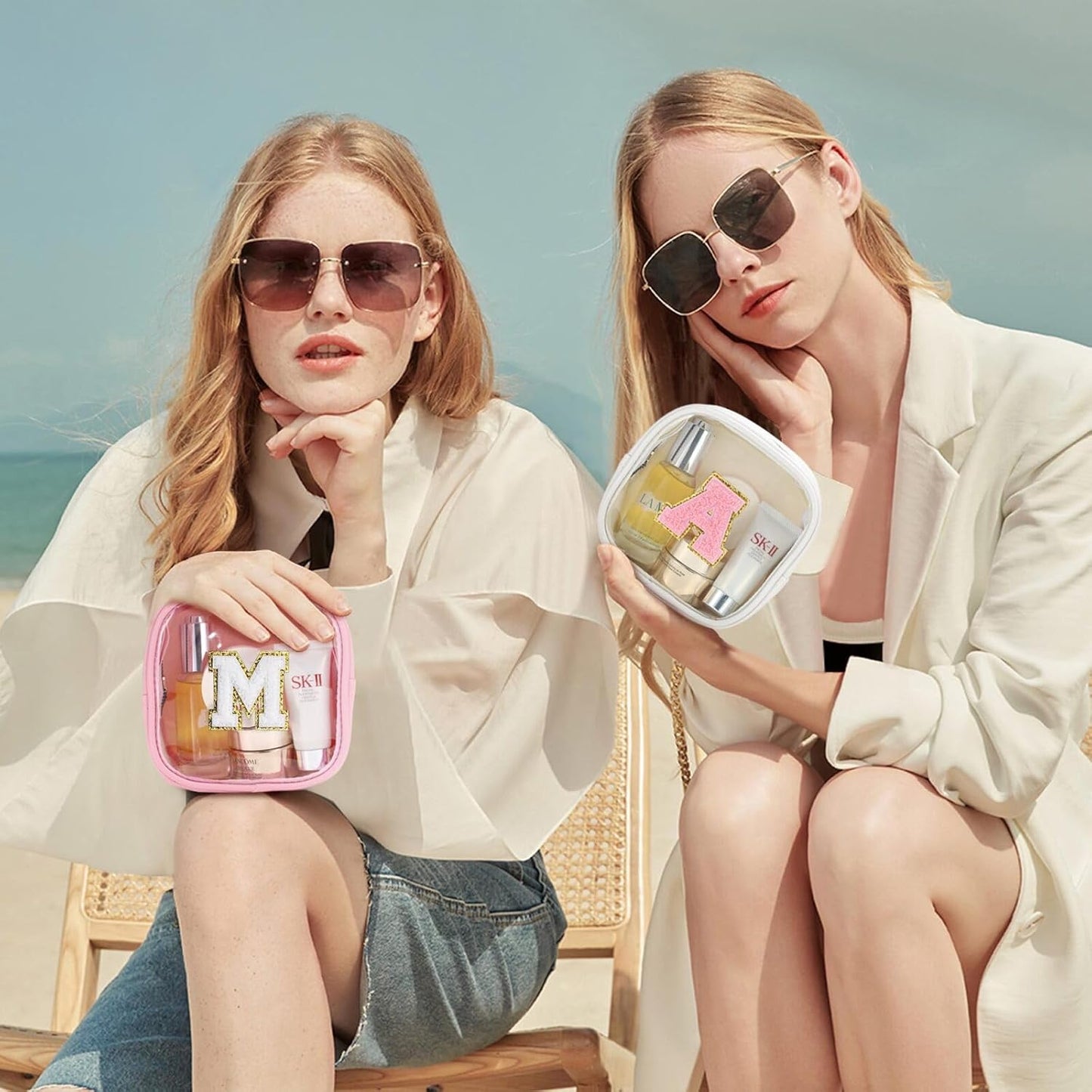 YOOLIFE Initial Make Up Bag Travel Toiletry Bag, Clear Makeup Bag Preppy Cosmetic Bags Organizer Travel Essentials Gifts for Women Teen Girlfriend Teacher Mom Birthday Mothers Day Gifts White B