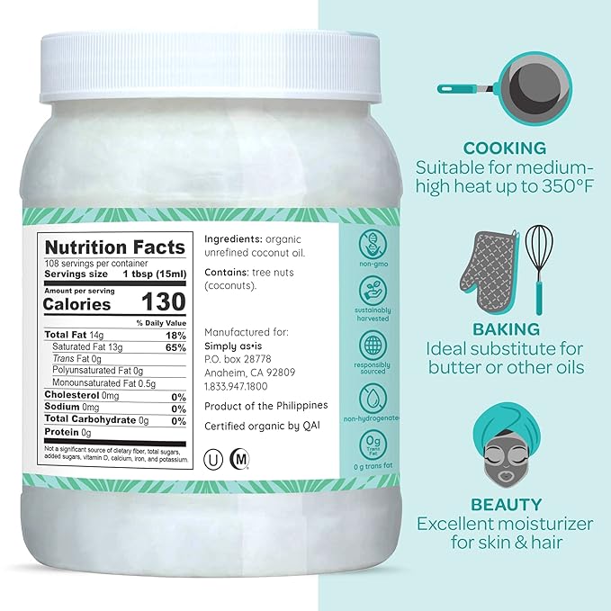 Simply as-is | Cold-Pressed & ﻿Organic Virgin | Unrefined | Coconut Flavor for Cooking & Baking | Deep Moisturizer for Beauty | 54 fl oz