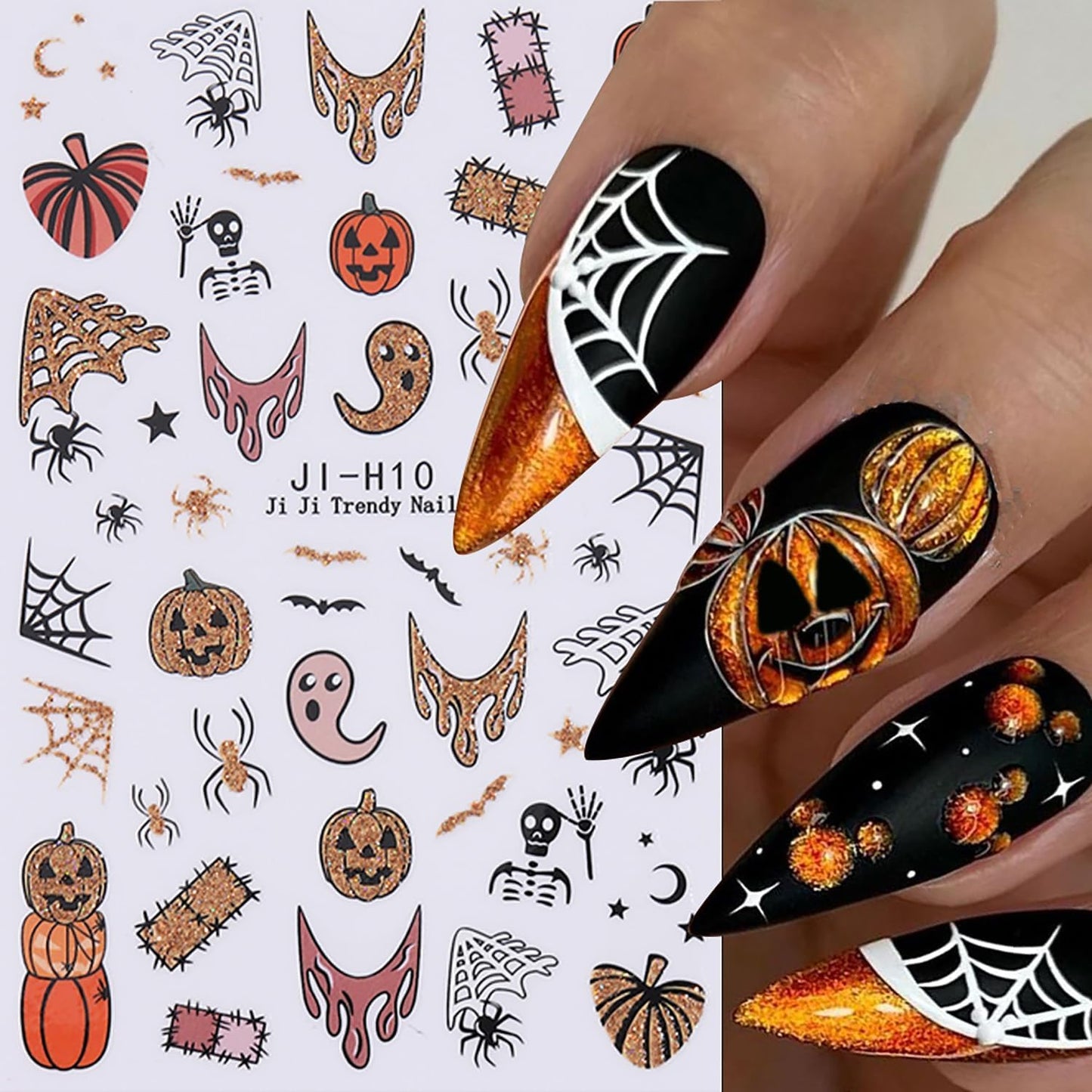 Halloween Nail Stickers 6PCS - Spooky Ghost Pumpkin Skull Cat Glitter Nail Decals, 3D Self-Adhesive Nail Art Supplies for Women, Festive Holiday Nail Decorations