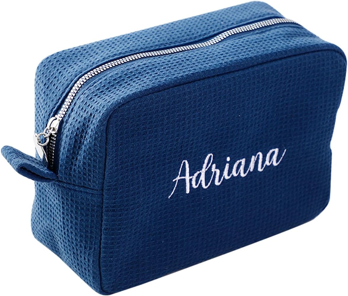 GOPHIE Personalized Embroidered Makeup Bag,Custom Waffle Fabric Cosmetic Pouch for Women, Travel Makeup Pouch (1, Navy Blue)