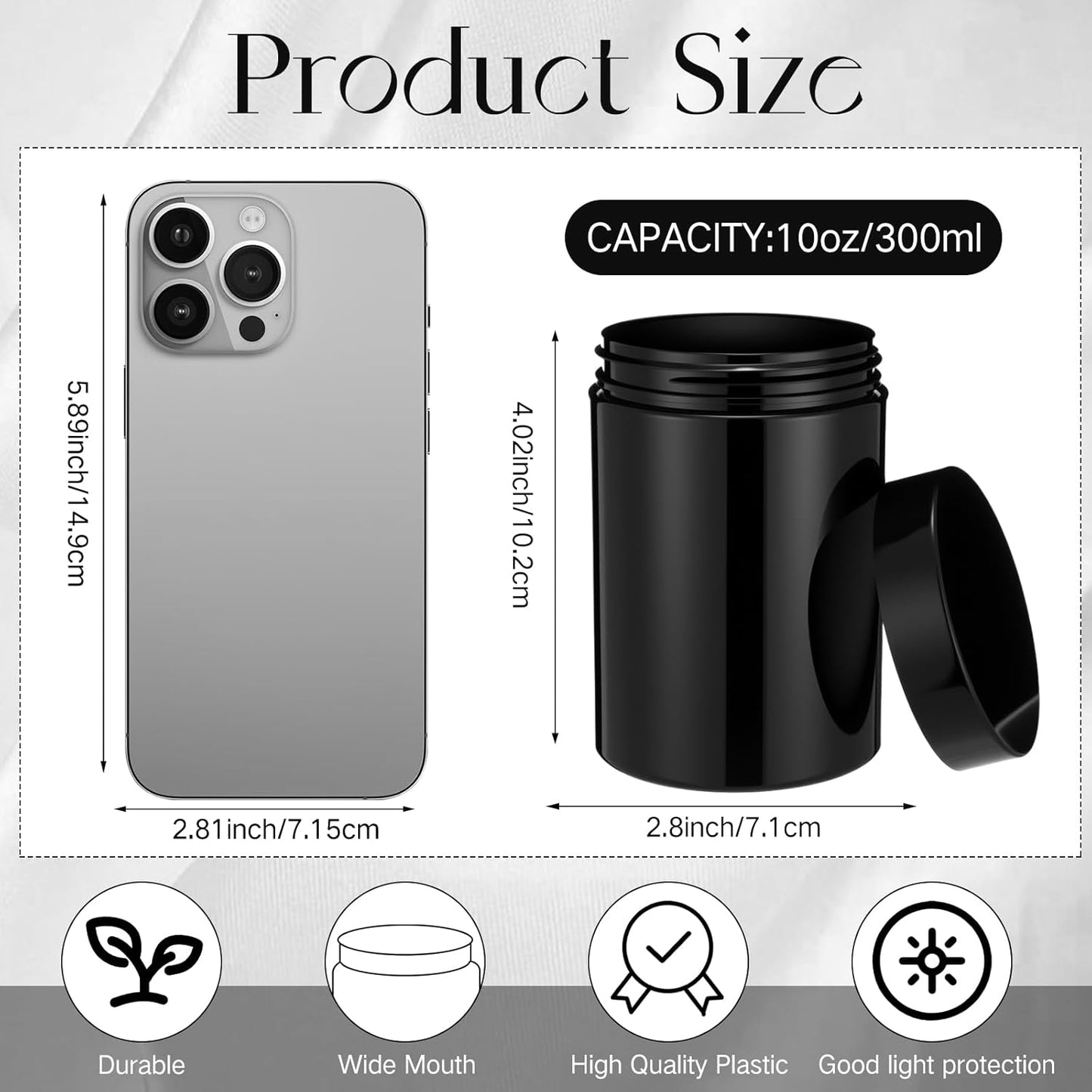 Patelai 4 Pieces Round Wide-mouth Leak Proof Plastic Container Jars with Lids for Travel Storage Makeup Beauty Products Face Creams Oils Salves Ointments DIY Making(10 Ounce,Pure Black)